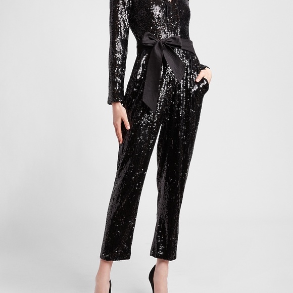 NWT EXPRESS Sequin Belted Long Sleeve Jumpsuit - Picture 2 of 3